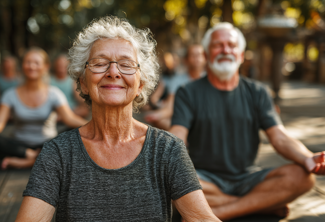 Група старших людей займається йогою на природі